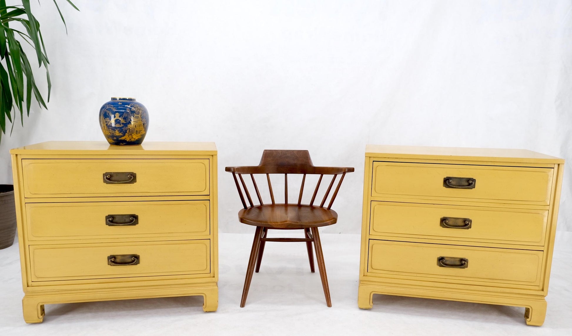 EstablishedLines Pair Davis Mid-Century Modern Lemon Yellow Drop Pulls 3 Drawers Bachelor Chests