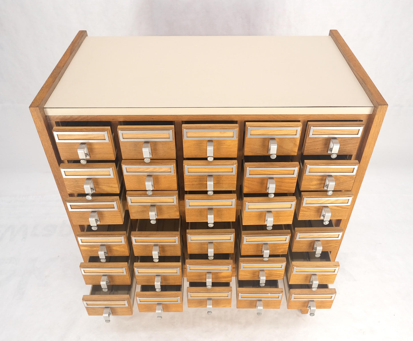 Oak Aluminum Apothecary 30 Drawers Apothecary Cabinet on Solid Legs Formica Top