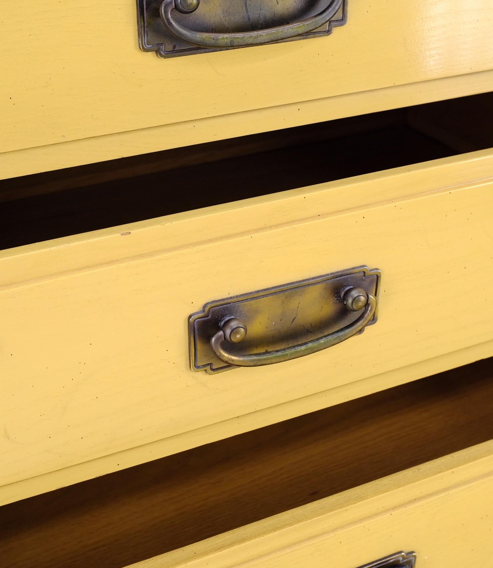 EstablishedLines Pair Davis Mid-Century Modern Lemon Yellow Drop Pulls 3 Drawers Bachelor Chests