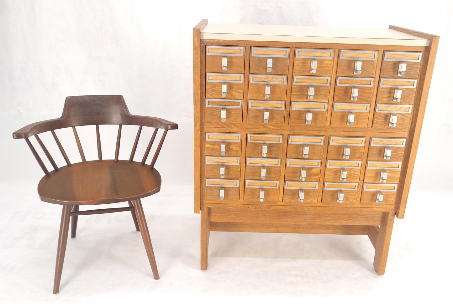 Oak Aluminum Apothecary 30 Drawers Apothecary Cabinet on Solid Legs Formica Top