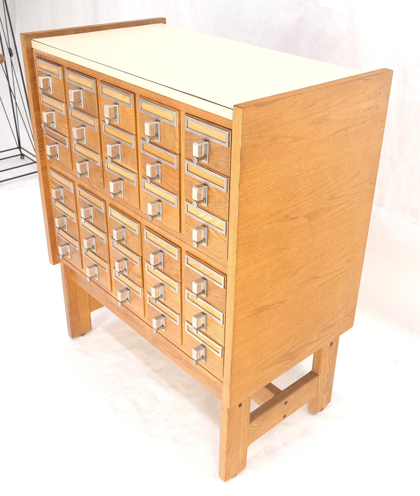 Oak Aluminum Apothecary 30 Drawers Apothecary Cabinet on Solid Legs Formica Top