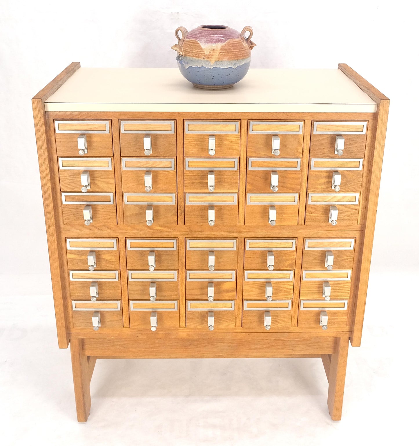 Oak Aluminum Apothecary 30 Drawers Apothecary Cabinet on Solid Legs Formica Top