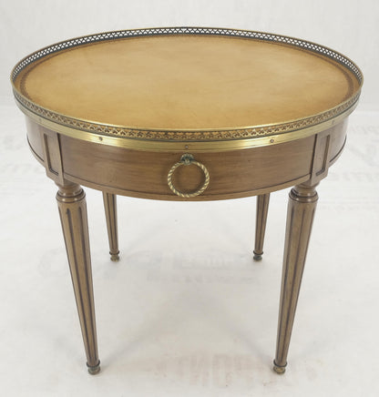 EstablishedLines Henredon Olive Green Round Leather Top Brass Gallery Drop Pull Side Table MINT!