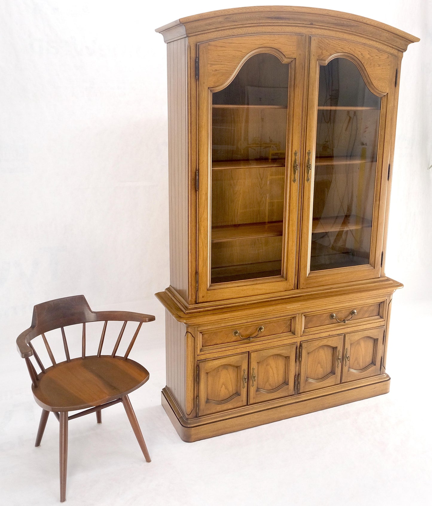 Blond Wood Dome Shape Top Two Doors 54" Cupboard Breakfront Cabinet Shelf MINT