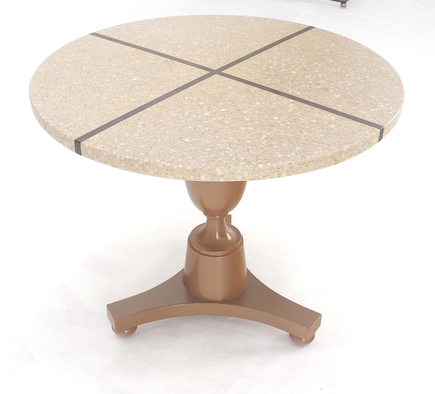 EstablishedLines 24" Round Terrazzo Brass Strip Cross Inlay Top Urn Shape Tripod Base Side Table