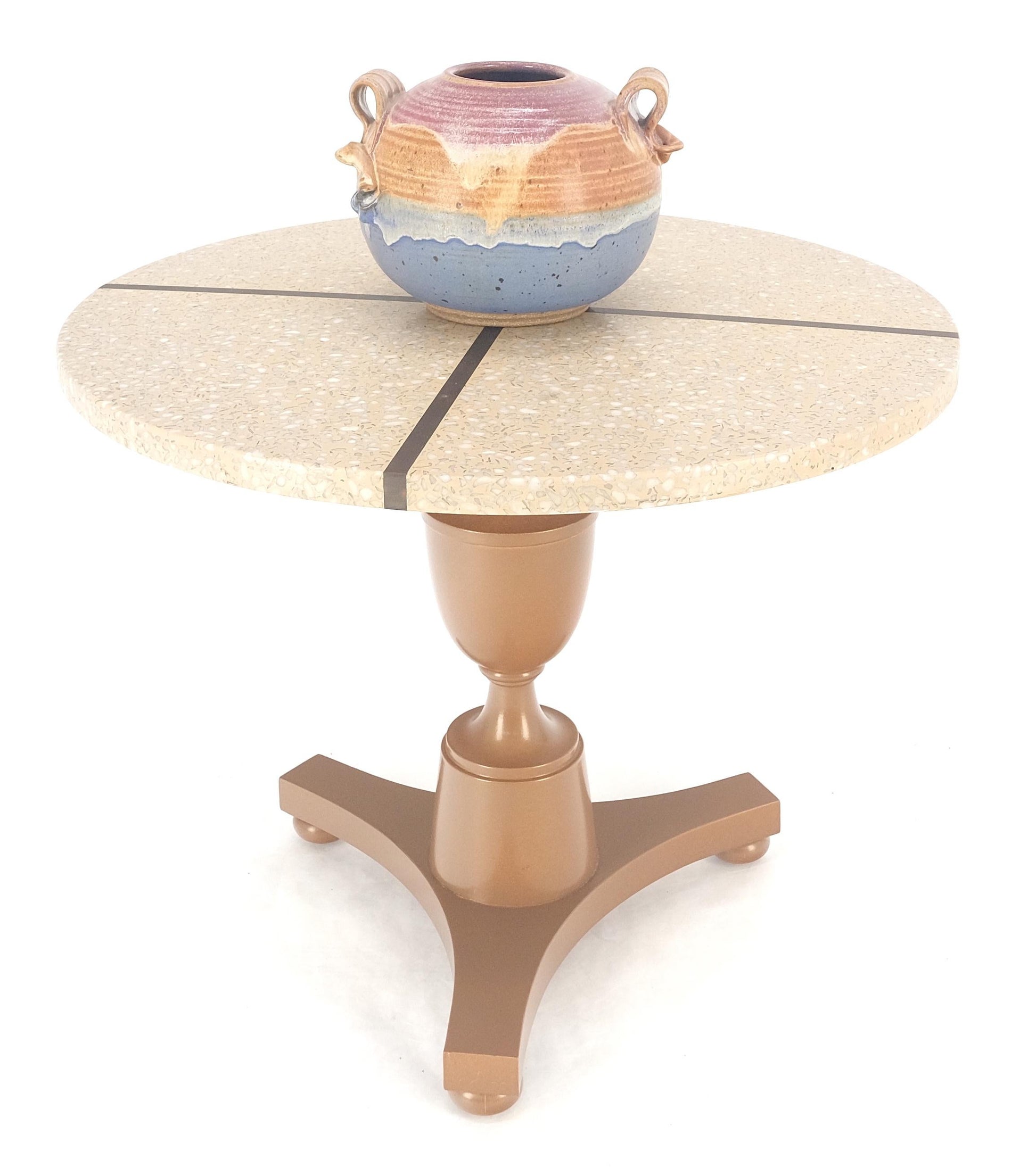 EstablishedLines 24" Round Terrazzo Brass Strip Cross Inlay Top Urn Shape Tripod Base Side Table
