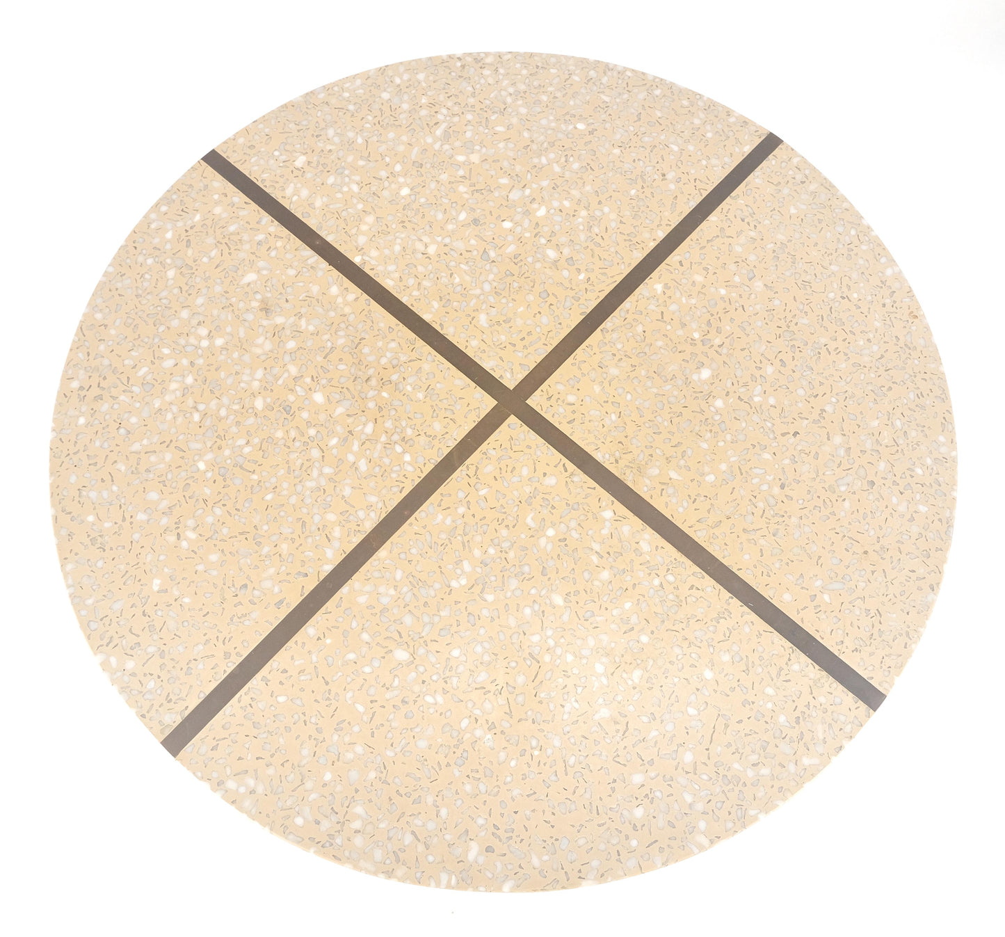 EstablishedLines 24" Round Terrazzo Brass Strip Cross Inlay Top Urn Shape Tripod Base Side Table
