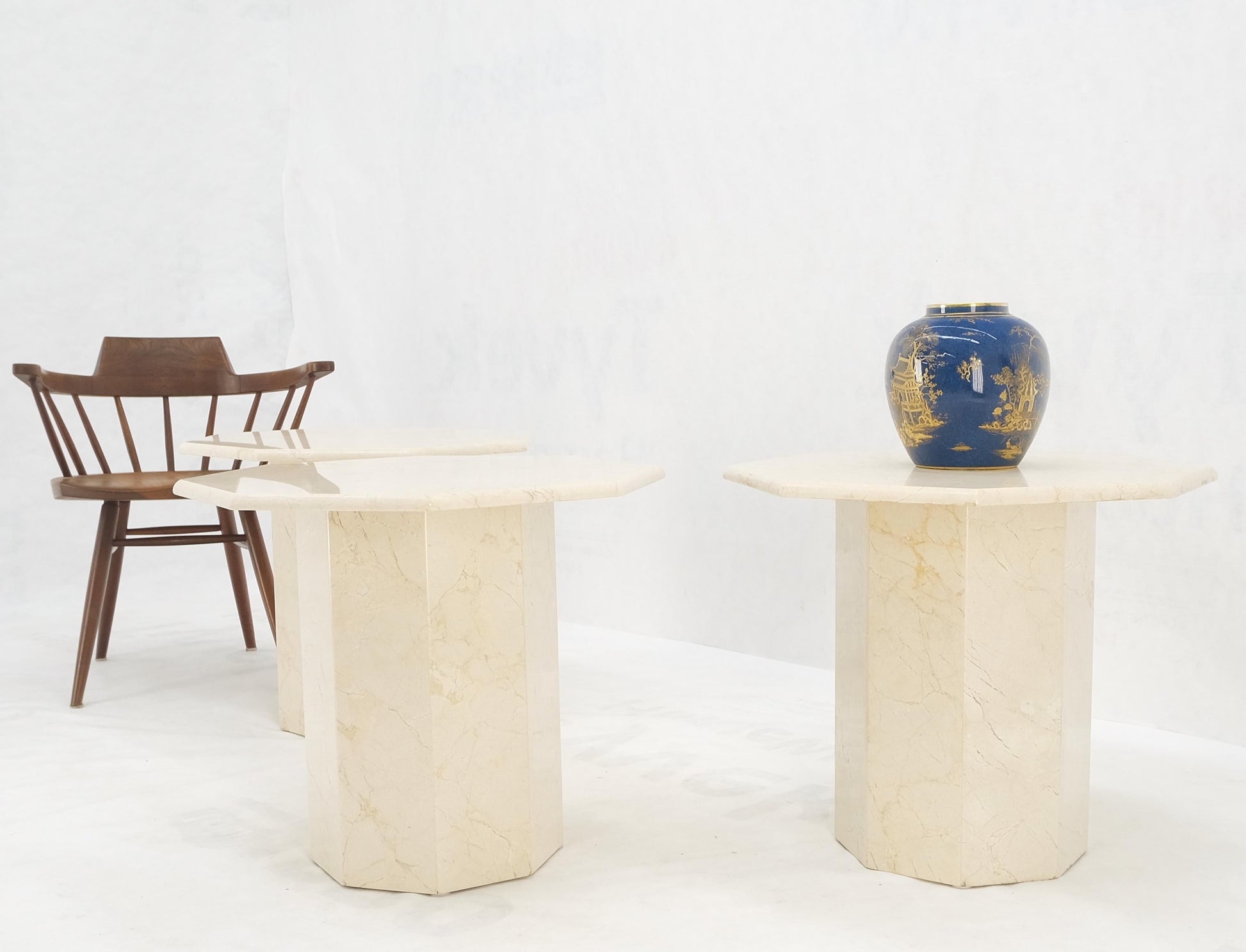 EstablishedLines Hexagon Travertine Single Pedestal 21"H Side End Table Stand Pedestal Pair Three