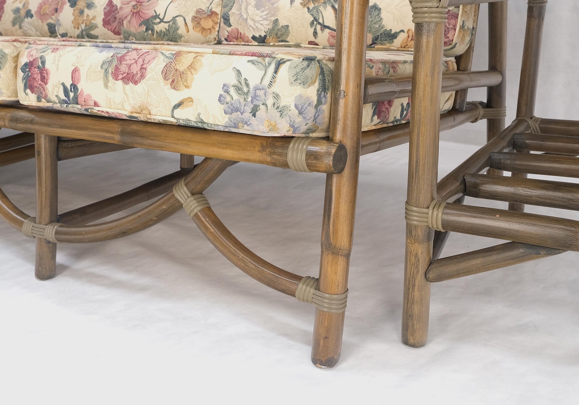 EstablishedLines Vogue Rattan Bamboo c1970s Sofa Matching Chair Pair of End Tables 5 Pcs Set Mint