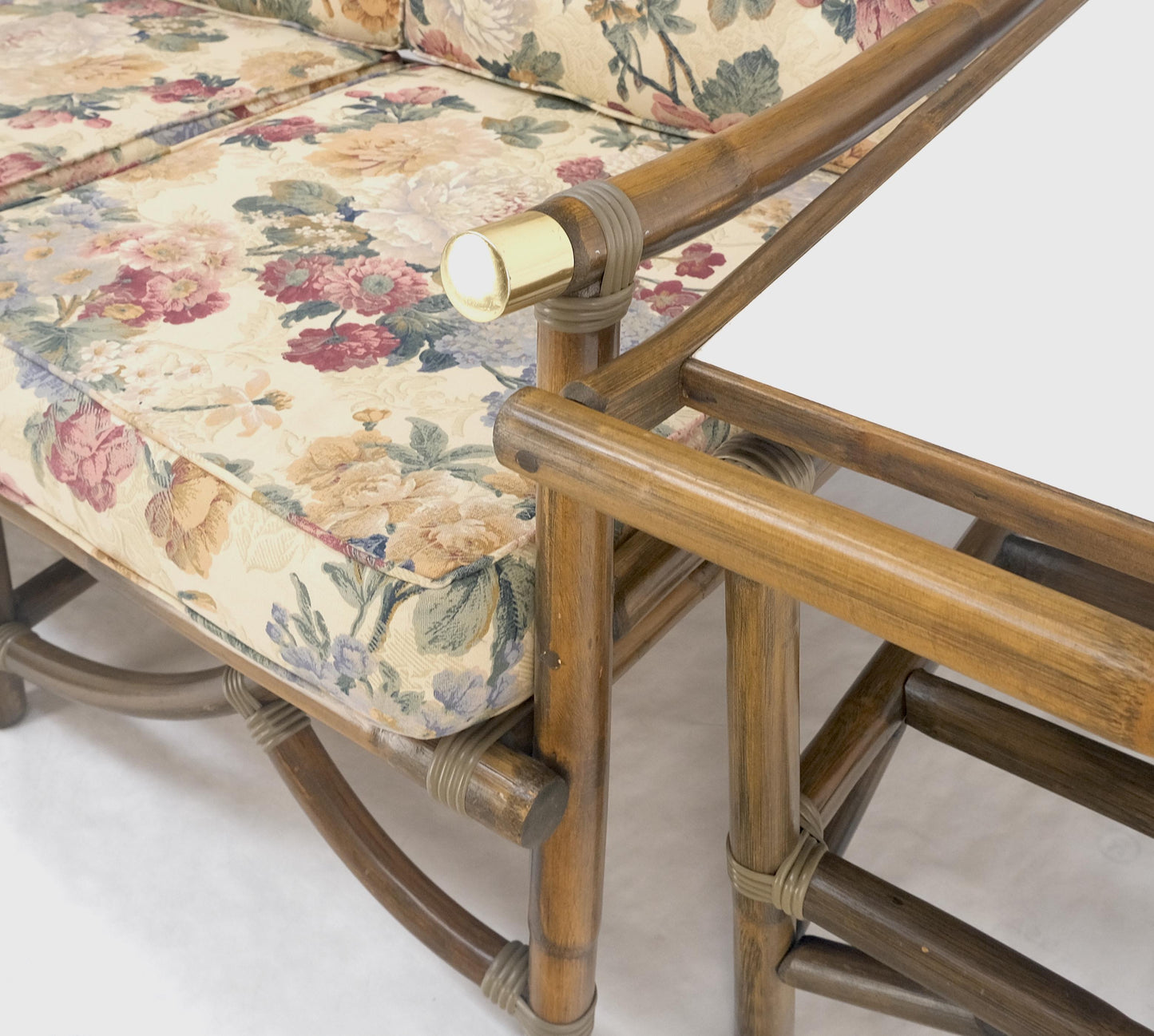 EstablishedLines Vogue Rattan Bamboo c1970s Sofa Matching Chair Pair of End Tables 5 Pcs Set Mint