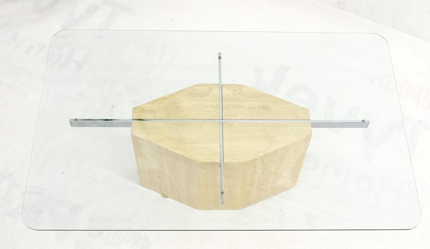 EstablishedLines Traverting & Chrome Diamond Shape Pedestal Base Glass Top Rectangle Coffee Table