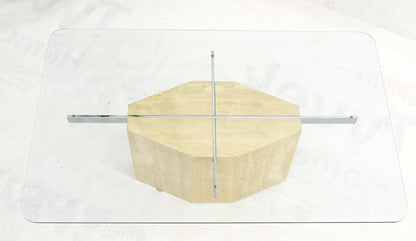EstablishedLines Traverting & Chrome Diamond Shape Pedestal Base Glass Top Rectangle Coffee Table