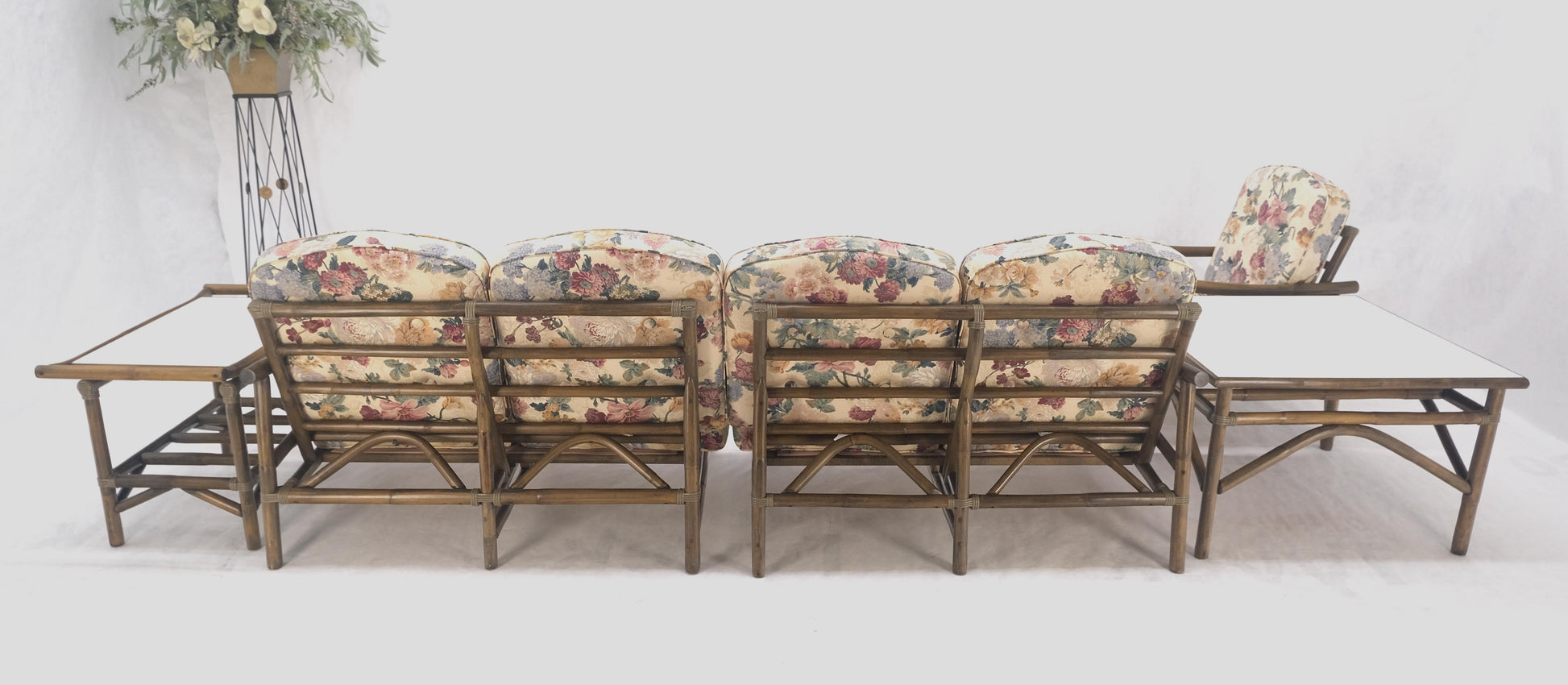 EstablishedLines Vogue Rattan Bamboo c1970s Sofa Matching Chair Pair of End Tables 5 Pcs Set Mint
