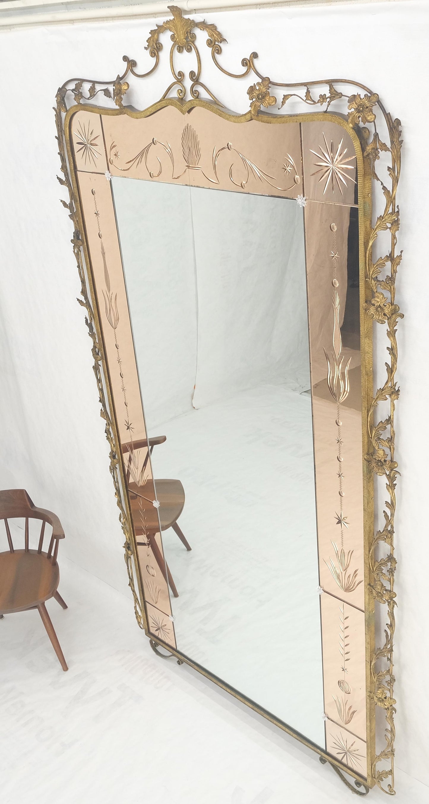 EstablishedLines Large Standing 9' Tall Forged Gold Gilt Metal Leafs & Flowers Mirror CLEAN!