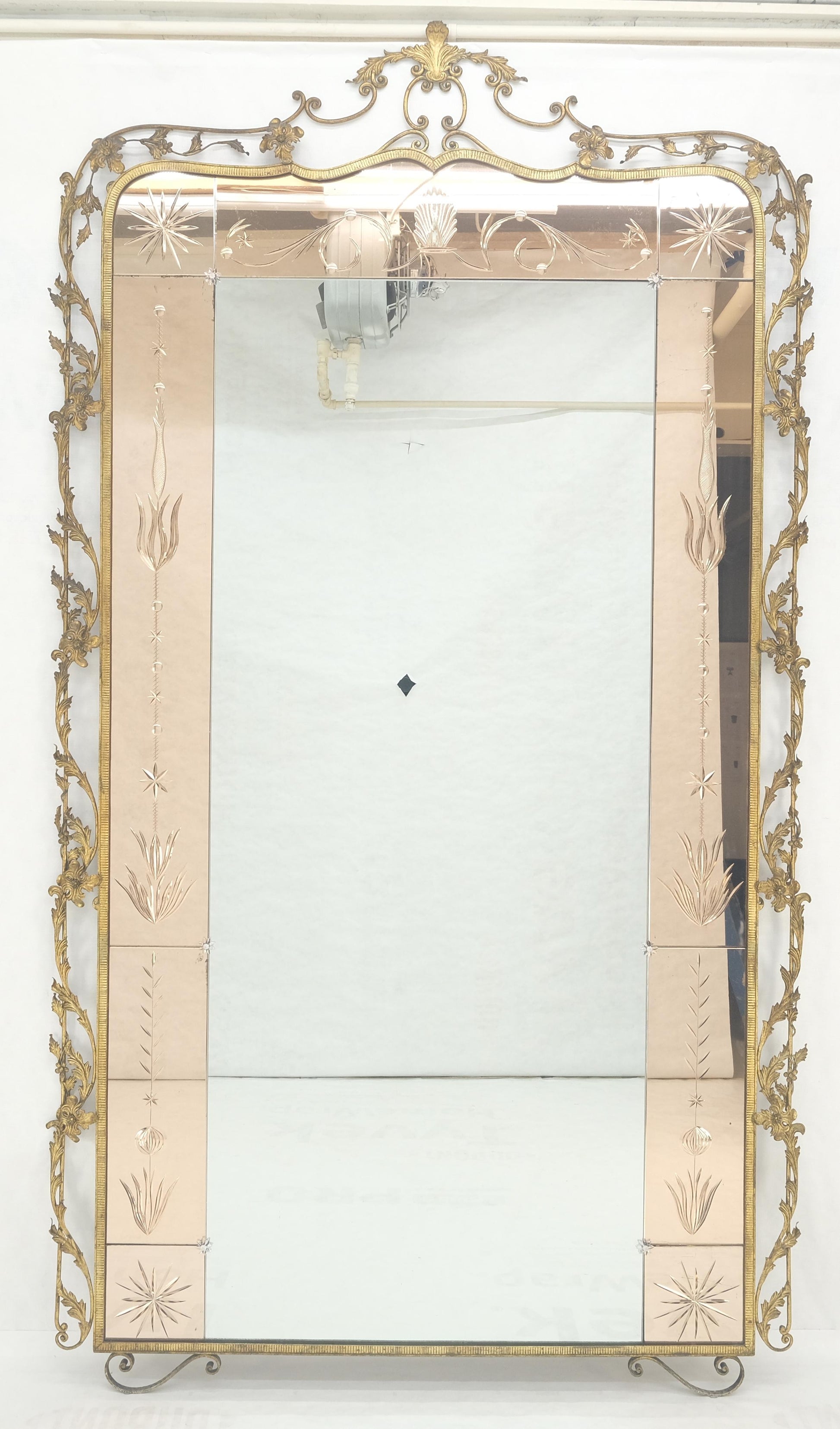 EstablishedLines Large Standing 9' Tall Forged Gold Gilt Metal Leafs & Flowers Mirror CLEAN!