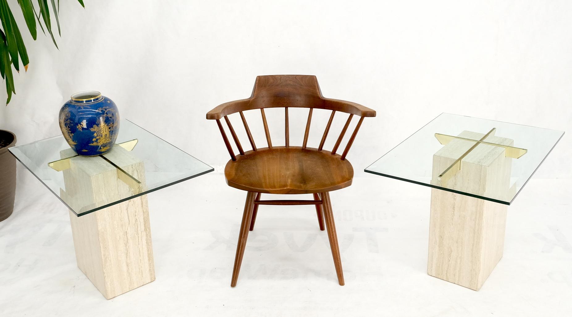 EstablishedLines Pair of Travertine Pedestal Bases Brass Frames Glass Tops End Side Tables Stands