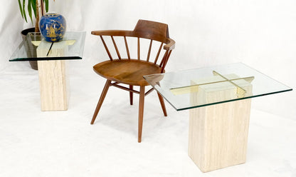 EstablishedLines Pair of Travertine Pedestal Bases Brass Frames Glass Tops End Side Tables Stands