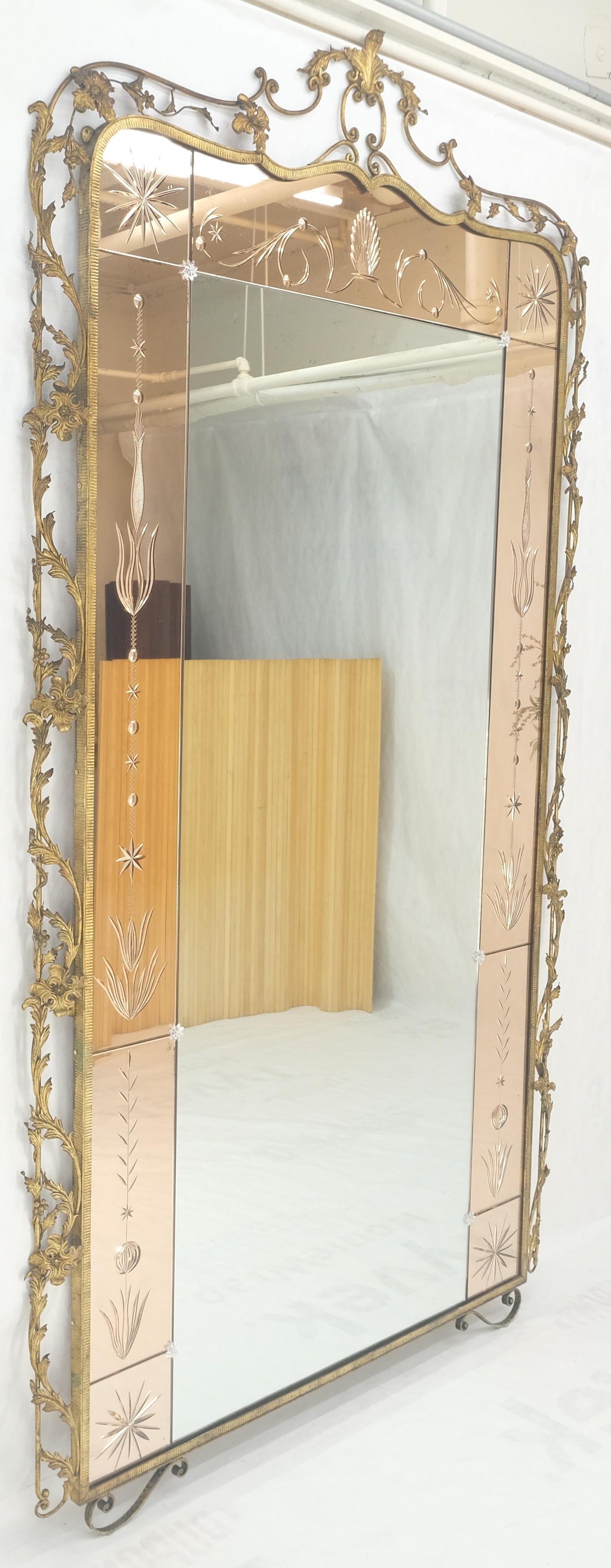 EstablishedLines Large Standing 9' Tall Forged Gold Gilt Metal Leafs & Flowers Mirror CLEAN!