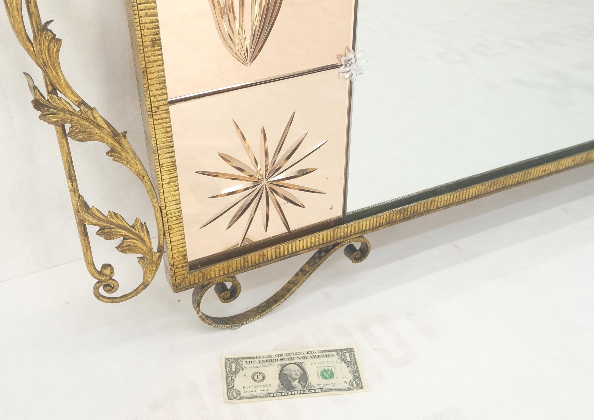 EstablishedLines Large Standing 9' Tall Forged Gold Gilt Metal Leafs & Flowers Mirror CLEAN!