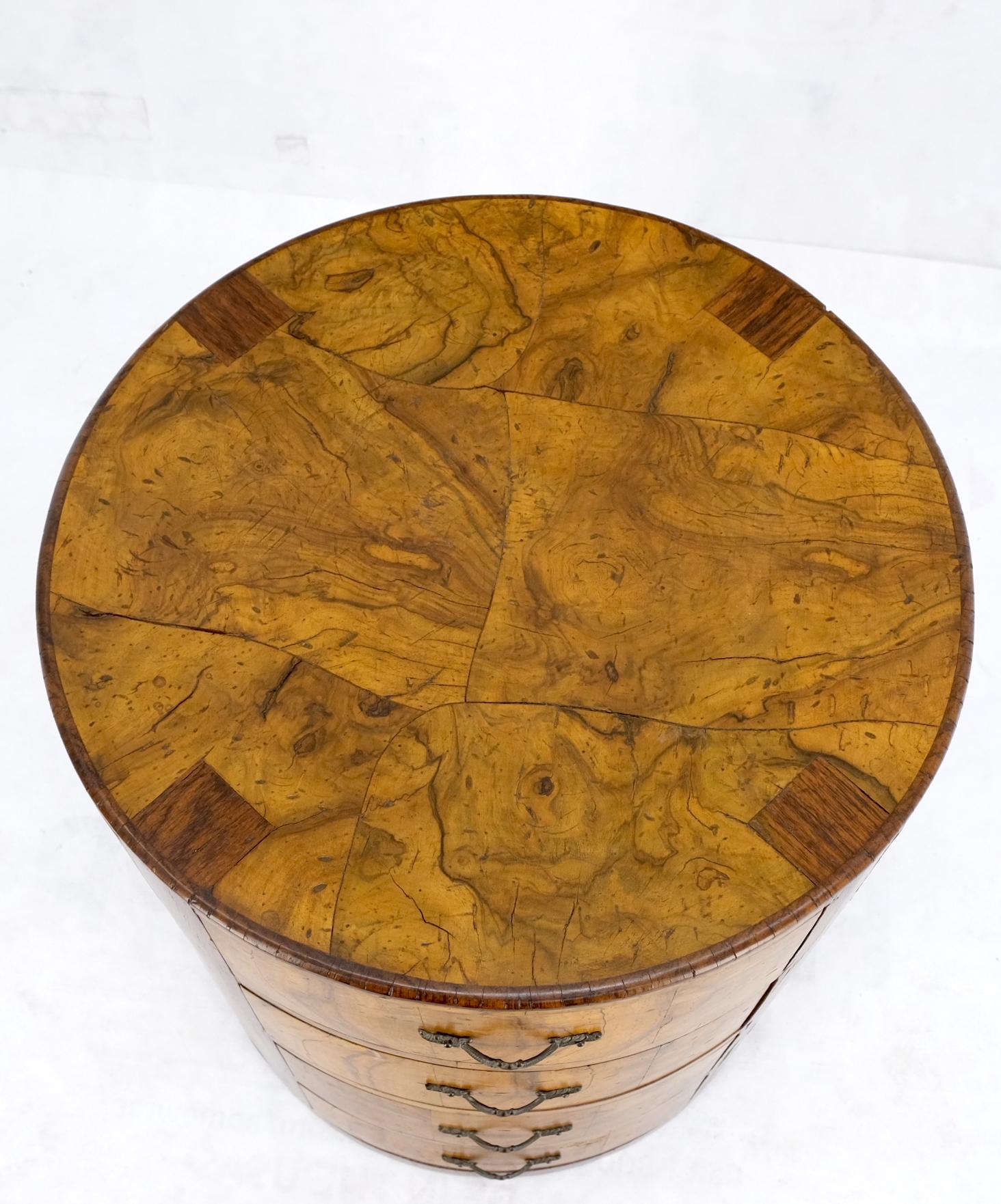 EstablishedLines Cylinder Drum Shape 4 Drawers Italian Burl Olive Wood Small Dresser Stand Table