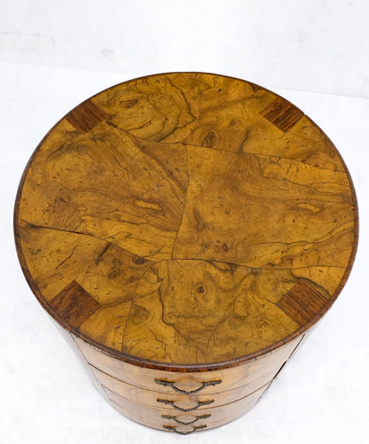 EstablishedLines Cylinder Drum Shape 4 Drawers Italian Burl Olive Wood Small Dresser Stand Table