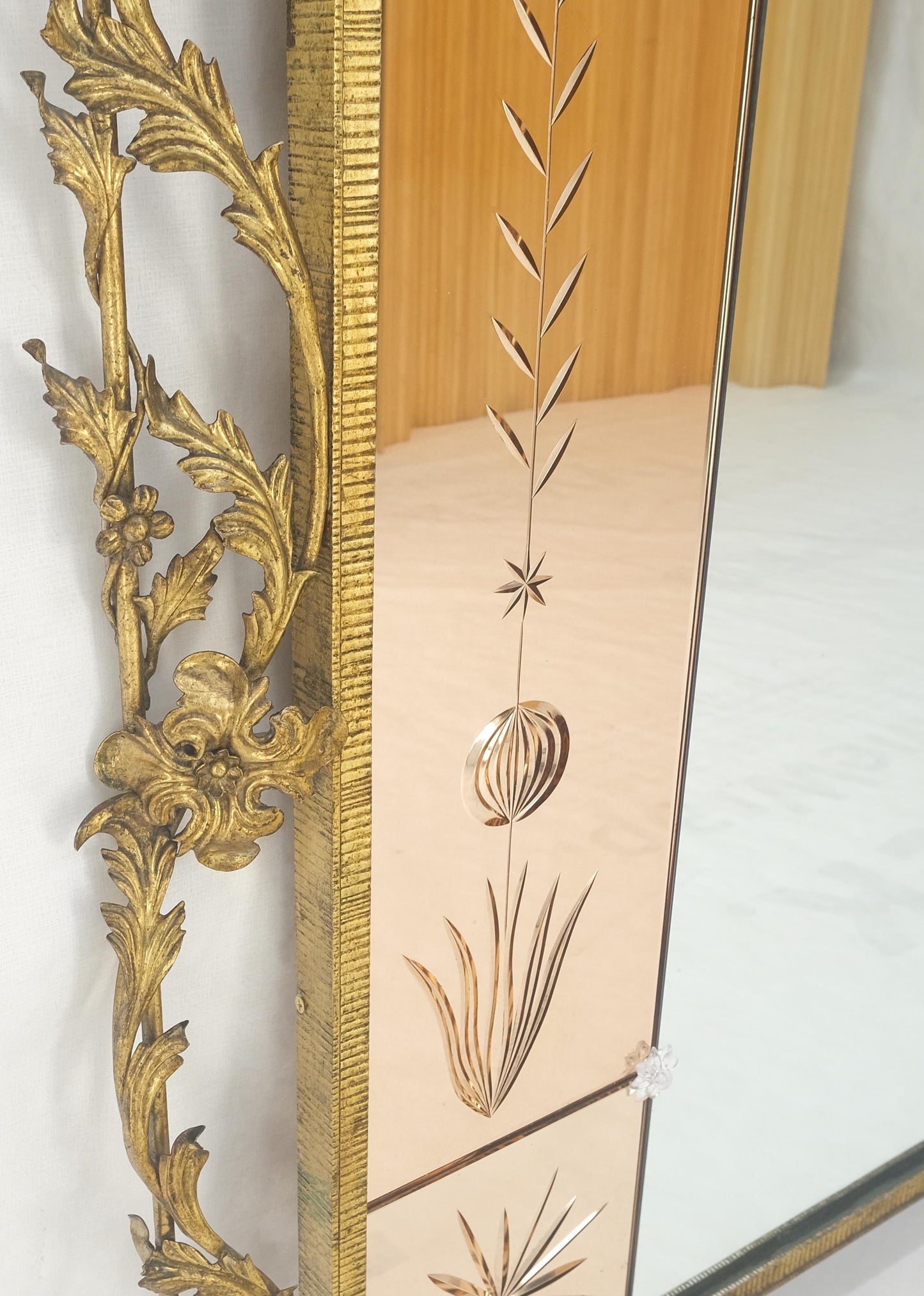 EstablishedLines Large Standing 9' Tall Forged Gold Gilt Metal Leafs & Flowers Mirror CLEAN!