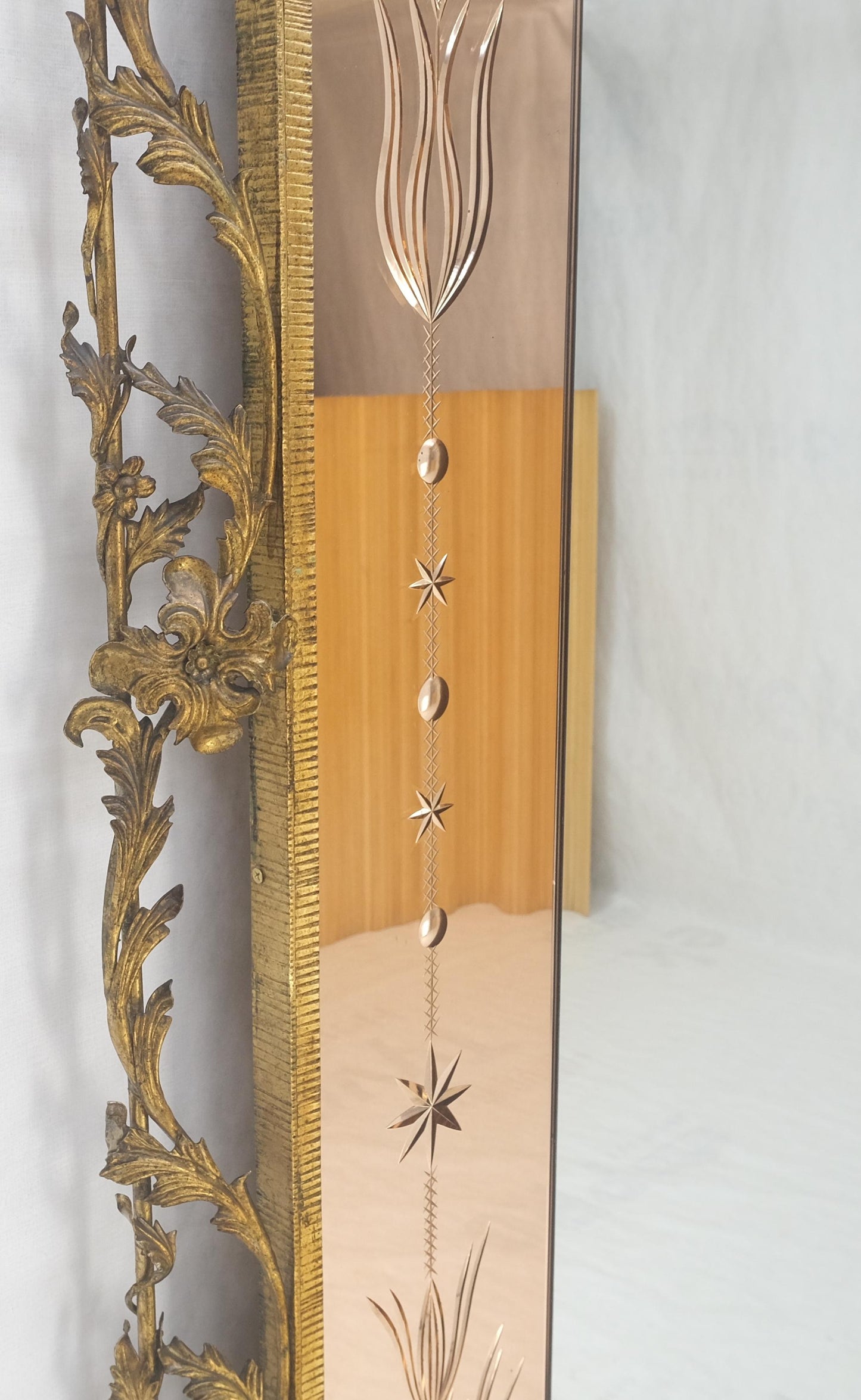 EstablishedLines Large Standing 9' Tall Forged Gold Gilt Metal Leafs & Flowers Mirror CLEAN!