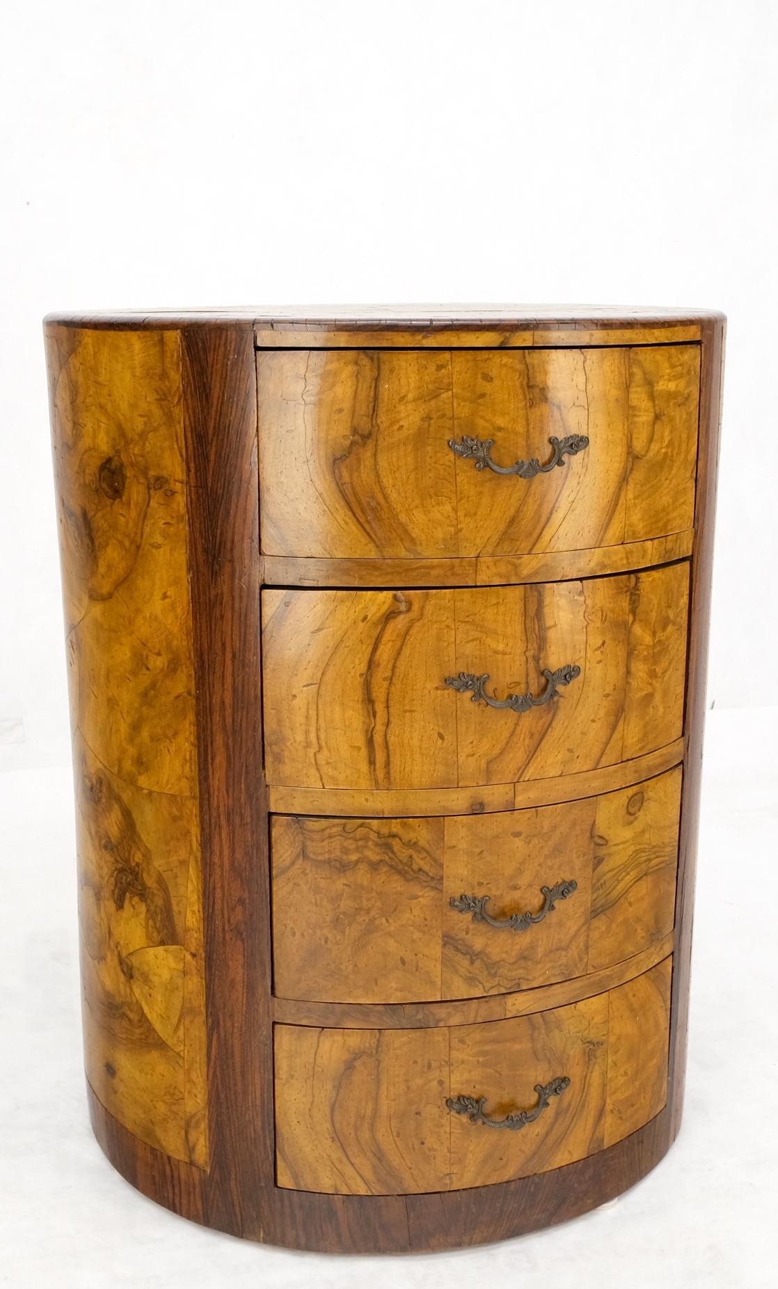 EstablishedLines Cylinder Drum Shape 4 Drawers Italian Burl Olive Wood Small Dresser Stand Table