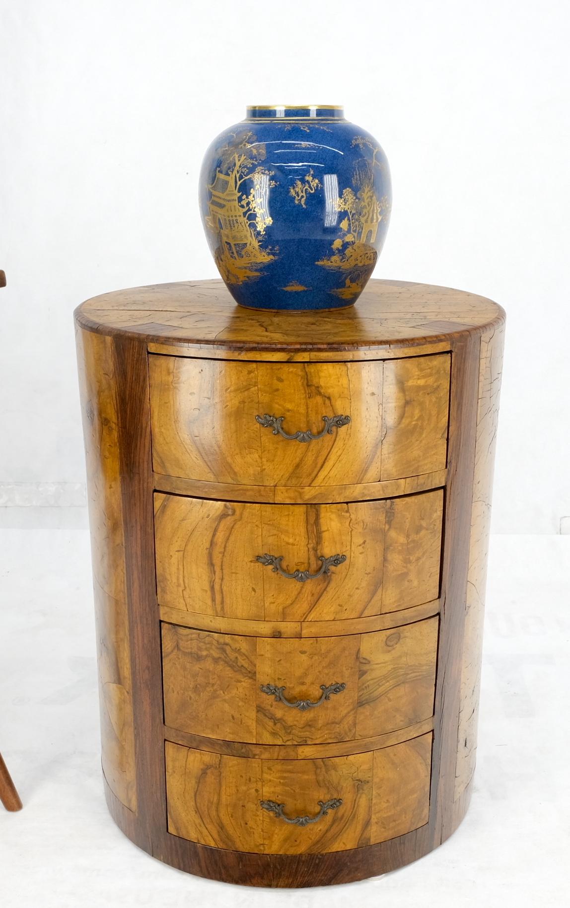 EstablishedLines Cylinder Drum Shape 4 Drawers Italian Burl Olive Wood Small Dresser Stand Table