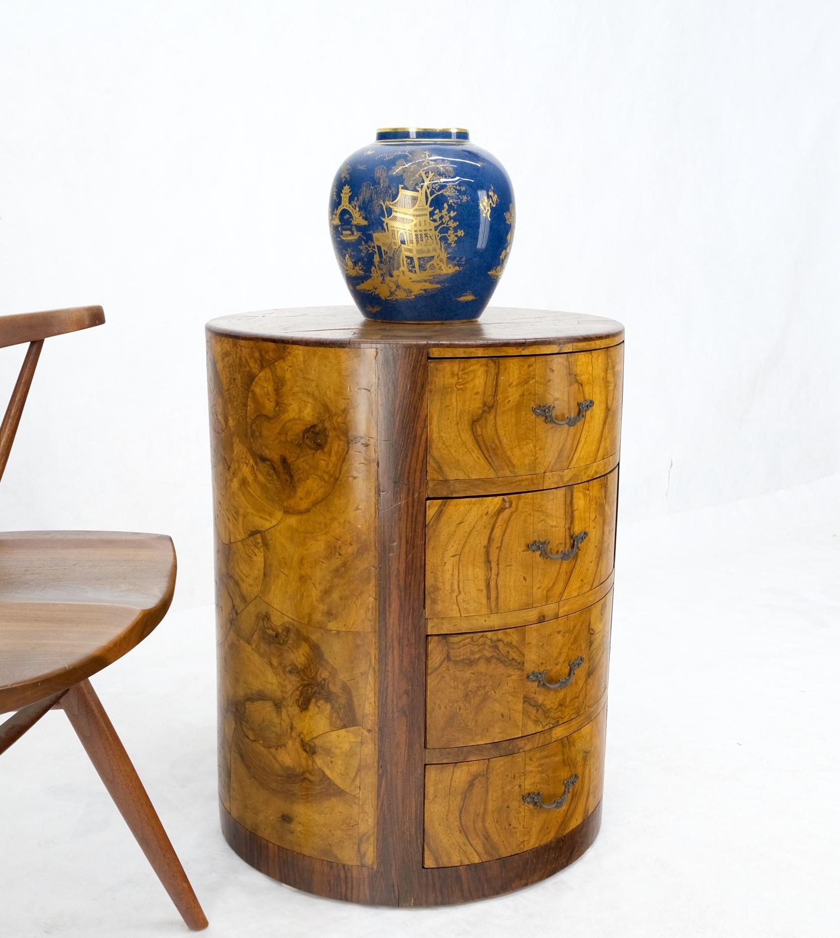 EstablishedLines Cylinder Drum Shape 4 Drawers Italian Burl Olive Wood Small Dresser Stand Table