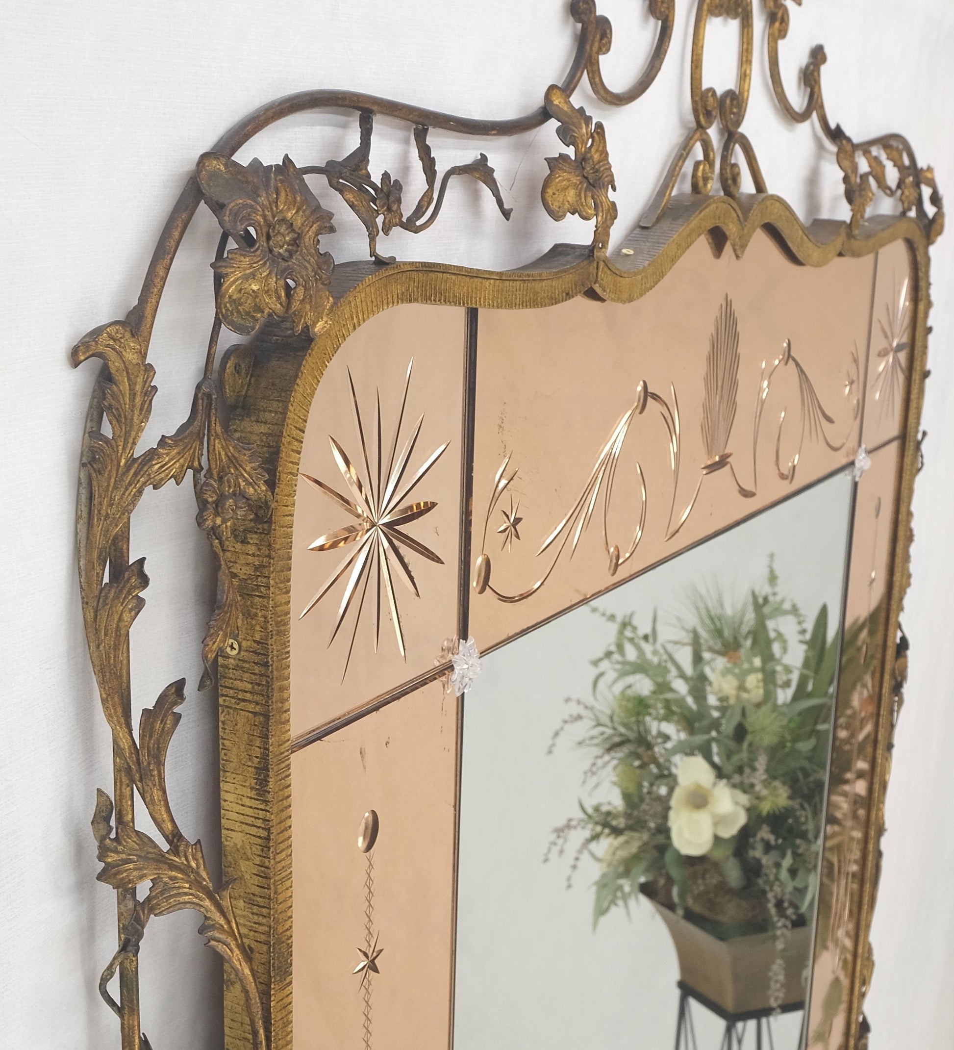 EstablishedLines Large Standing 9' Tall Forged Gold Gilt Metal Leafs & Flowers Mirror CLEAN!