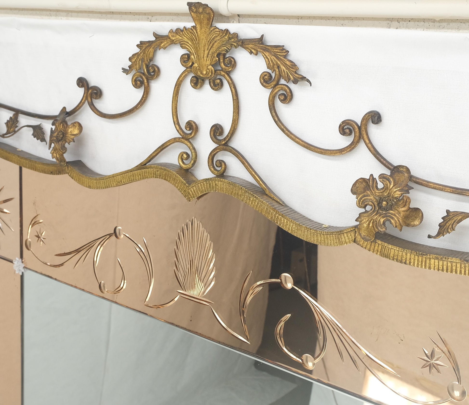 EstablishedLines Large Standing 9' Tall Forged Gold Gilt Metal Leafs & Flowers Mirror CLEAN!