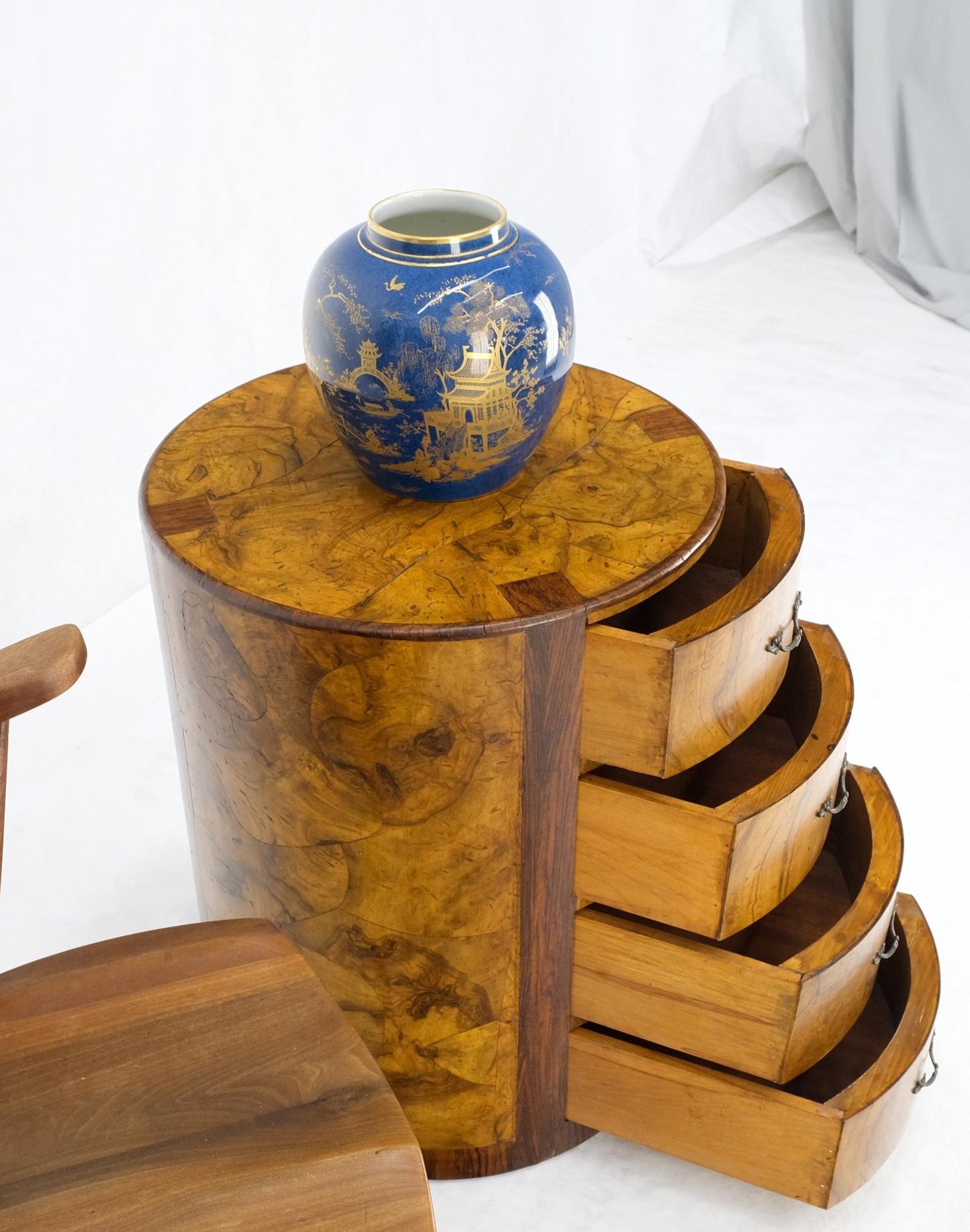 EstablishedLines Cylinder Drum Shape 4 Drawers Italian Burl Olive Wood Small Dresser Stand Table