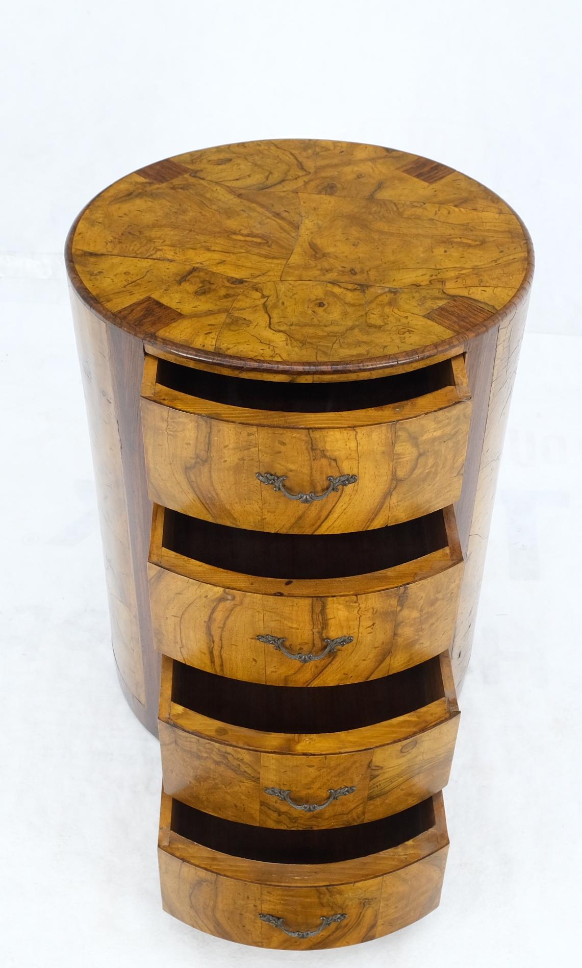 EstablishedLines Cylinder Drum Shape 4 Drawers Italian Burl Olive Wood Small Dresser Stand Table