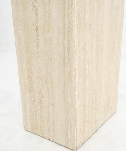 EstablishedLines Pair of Travertine Pedestal Bases Brass Frames Glass Tops End Side Tables Stands