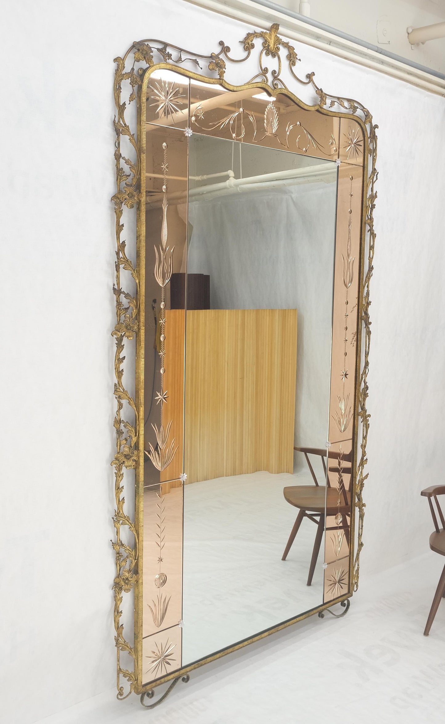 EstablishedLines Large Standing 9' Tall Forged Gold Gilt Metal Leafs & Flowers Mirror CLEAN!