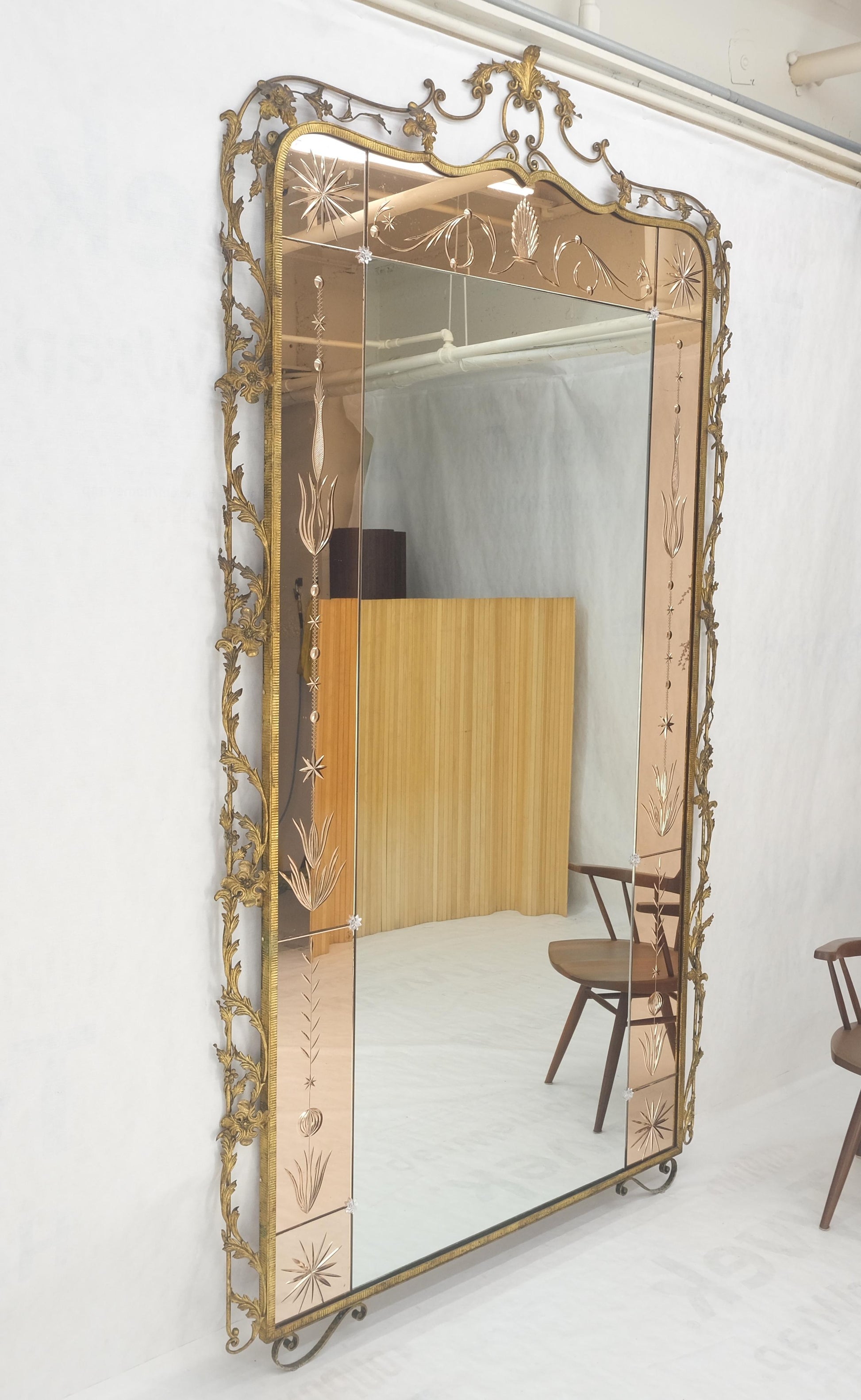 EstablishedLines Large Standing 9' Tall Forged Gold Gilt Metal Leafs & Flowers Mirror CLEAN!