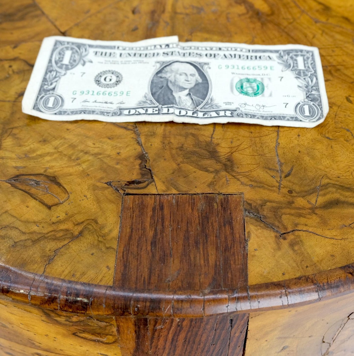 EstablishedLines Cylinder Drum Shape 4 Drawers Italian Burl Olive Wood Small Dresser Stand Table