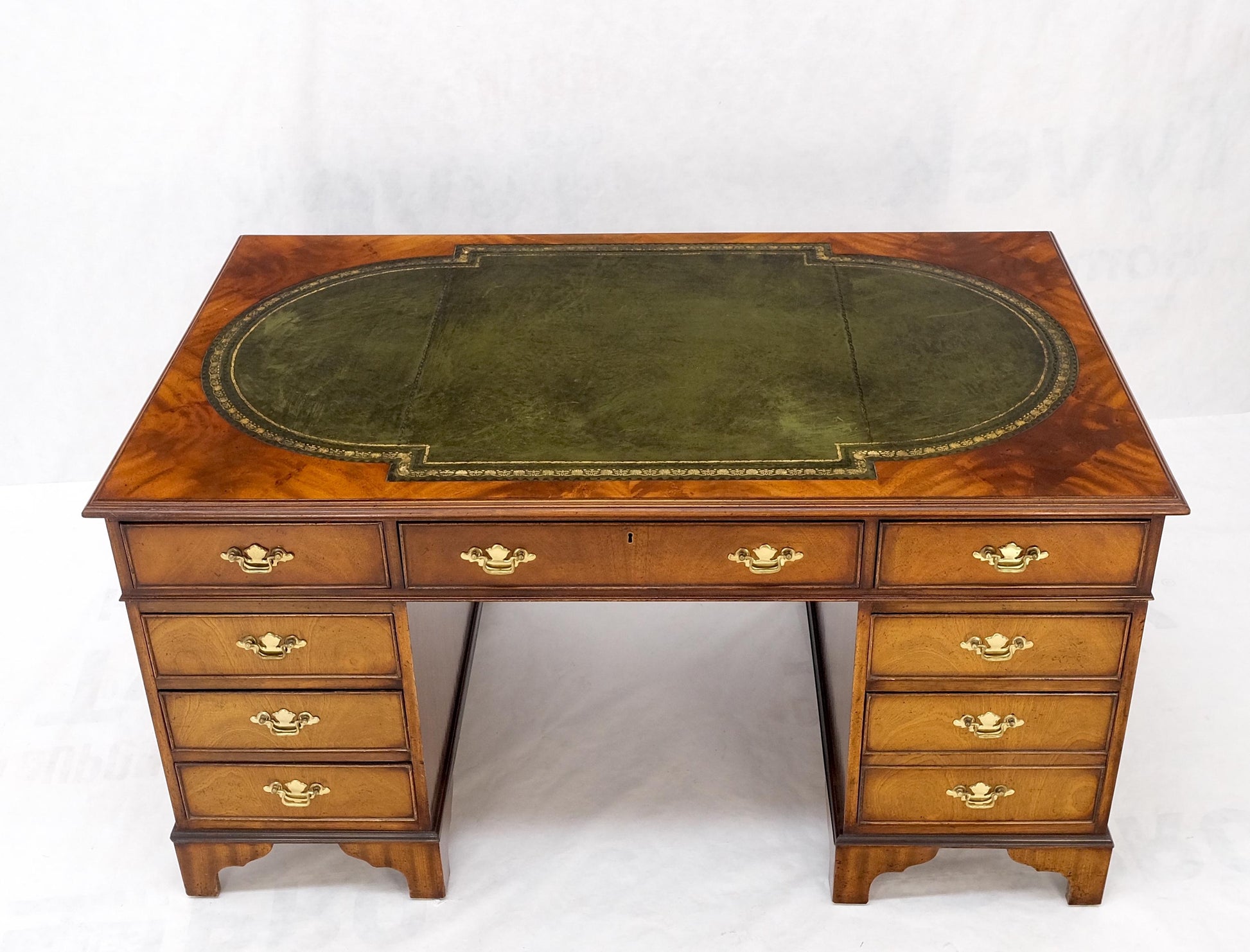 EstablishedLines Large Embossed Green Leather Top Flame Mahogany Double Pedestal Federal Desk
