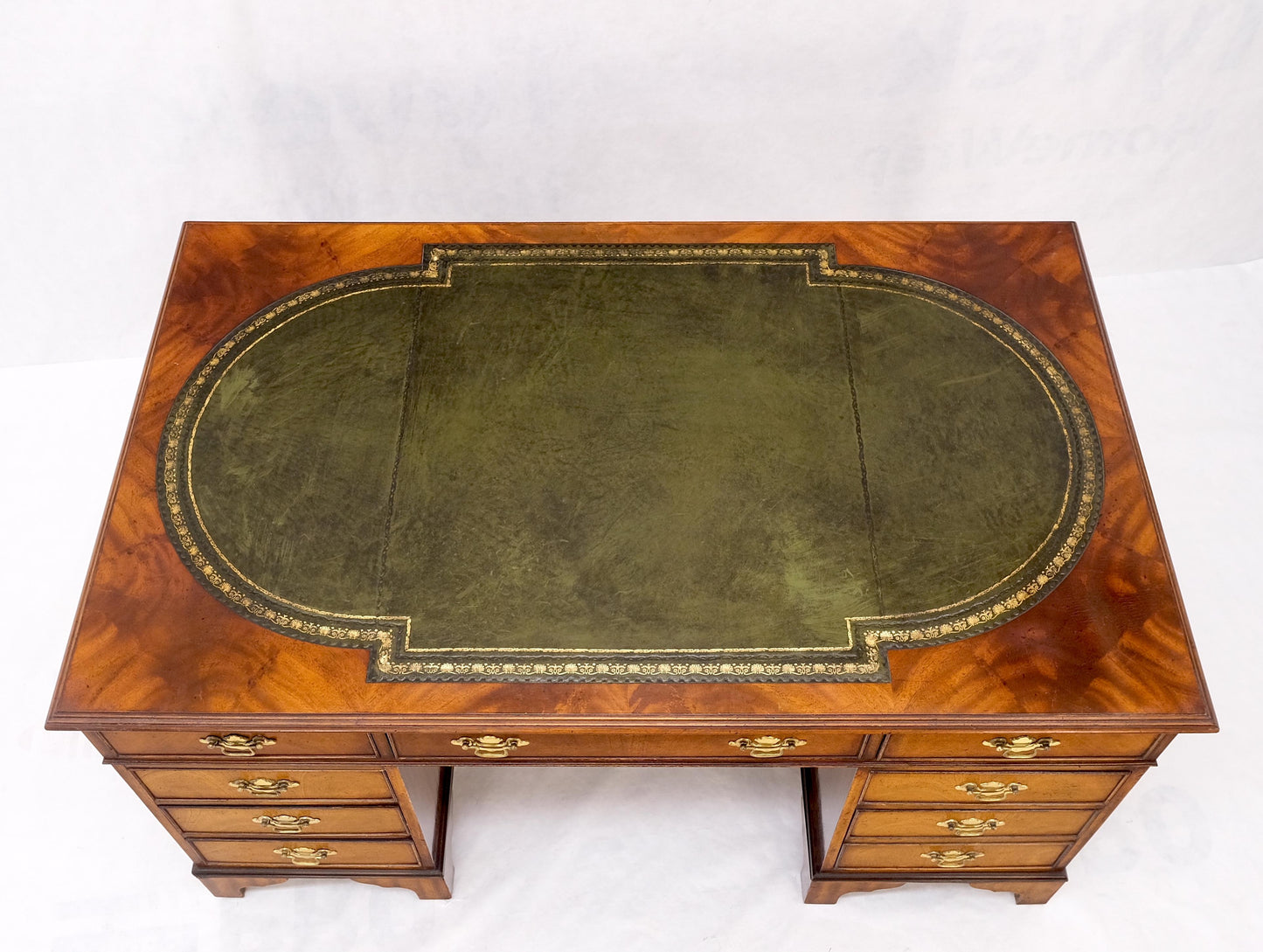 EstablishedLines Large Embossed Green Leather Top Flame Mahogany Double Pedestal Federal Desk