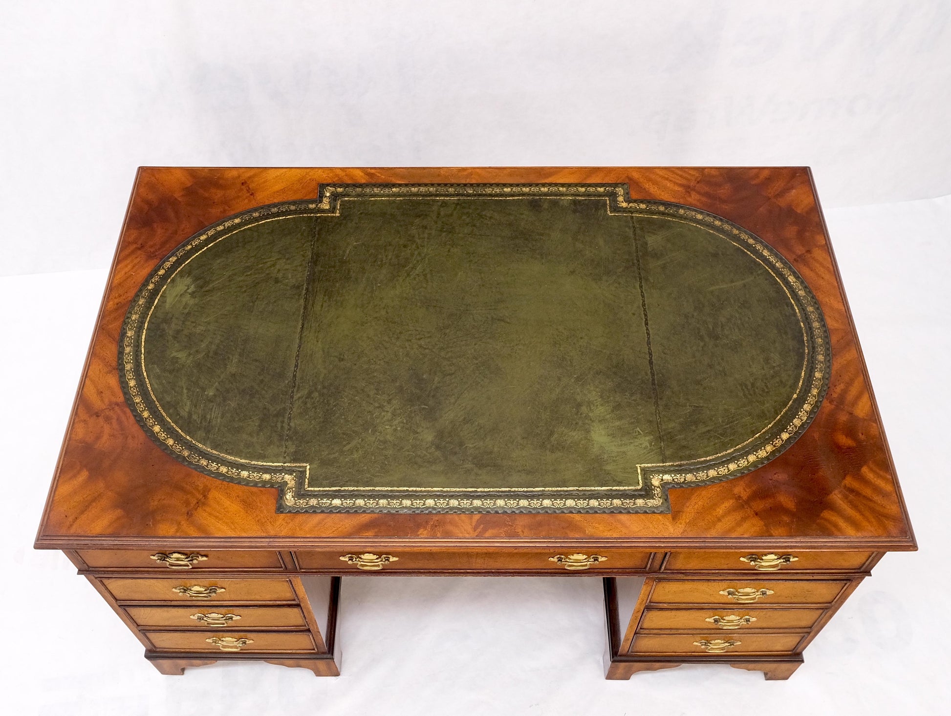 EstablishedLines Large Embossed Green Leather Top Flame Mahogany Double Pedestal Federal Desk