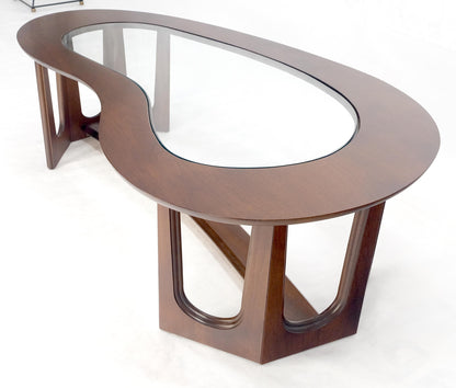 EstablishedLines Oiled Walnut Boomerang Kidney Shape Glass Top Stretcher Base Coffee Table Mint!