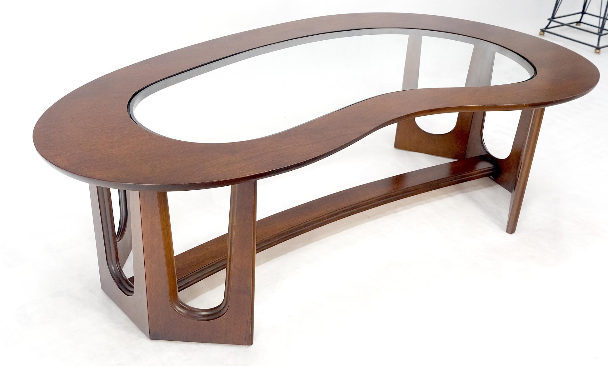 EstablishedLines Oiled Walnut Boomerang Kidney Shape Glass Top Stretcher Base Coffee Table Mint!