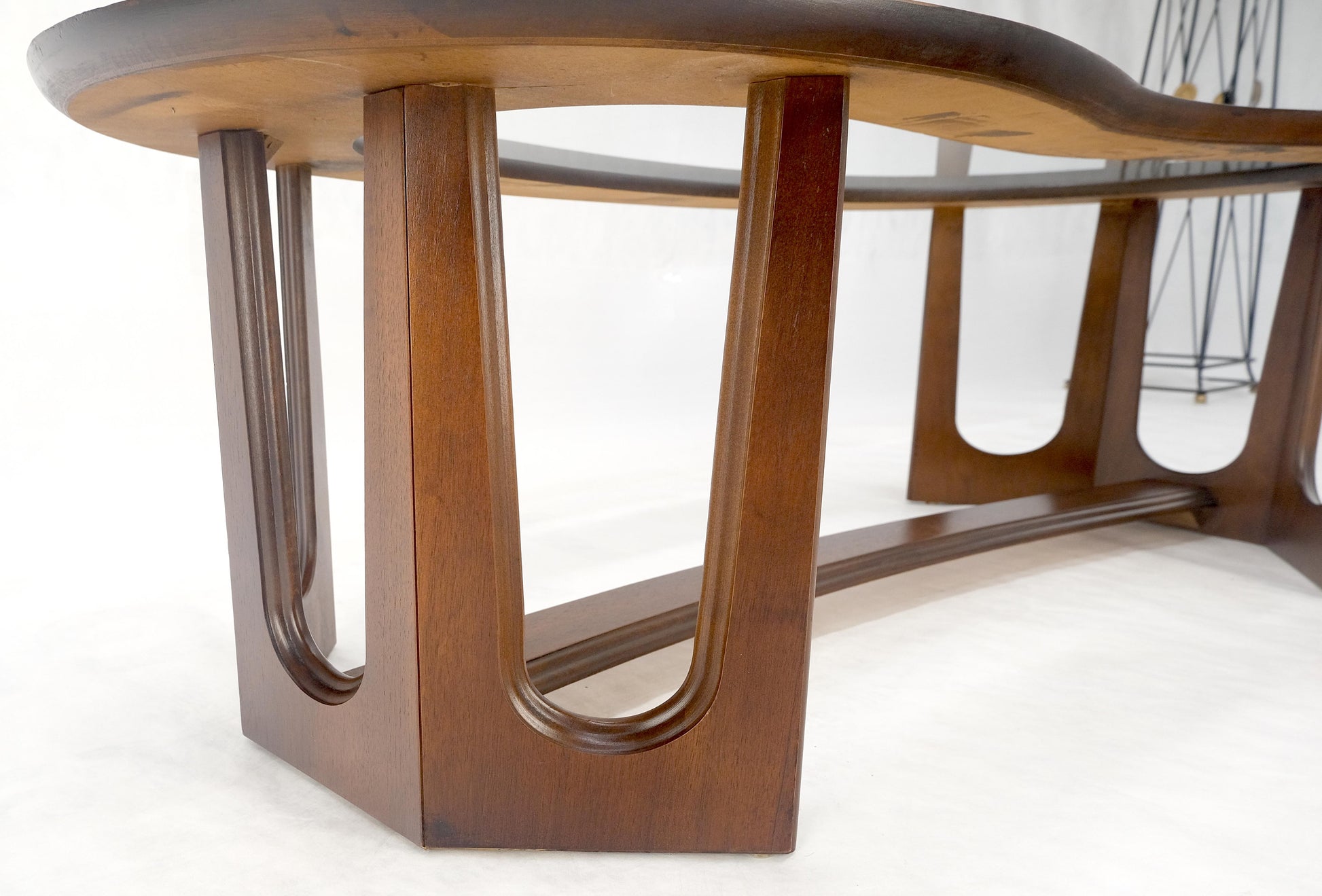 EstablishedLines Oiled Walnut Boomerang Kidney Shape Glass Top Stretcher Base Coffee Table Mint!