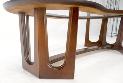 EstablishedLines Oiled Walnut Boomerang Kidney Shape Glass Top Stretcher Base Coffee Table Mint!