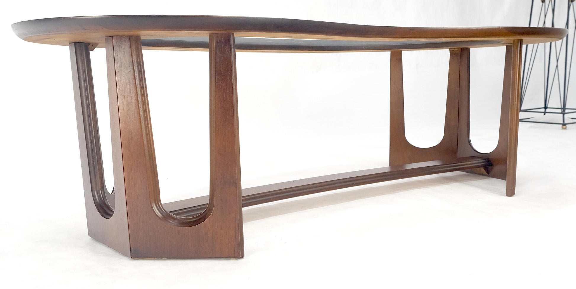 EstablishedLines Oiled Walnut Boomerang Kidney Shape Glass Top Stretcher Base Coffee Table Mint!
