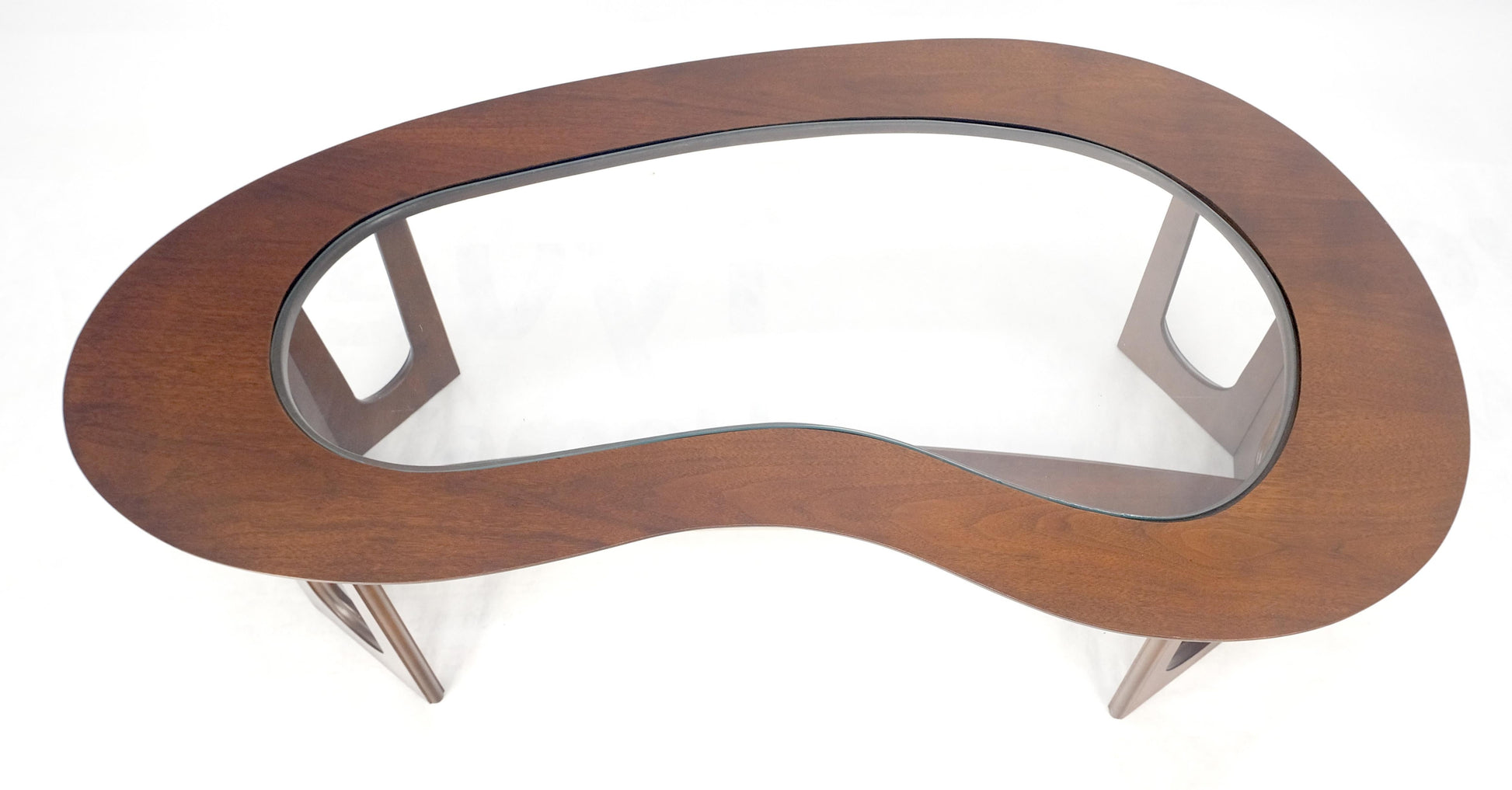 EstablishedLines Oiled Walnut Boomerang Kidney Shape Glass Top Stretcher Base Coffee Table Mint!