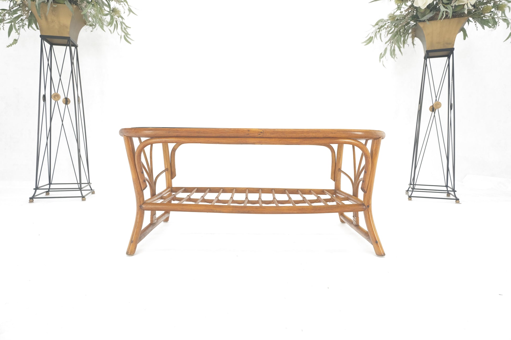 EstablishedLines Ficks Reed Rattan Bamboo Rounded Corners Two Tier Coffee Table c1970s MINT!