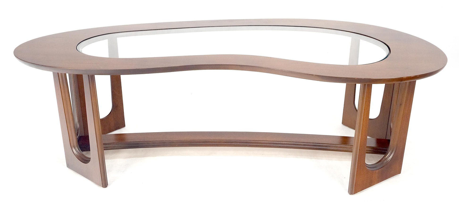 EstablishedLines Oiled Walnut Boomerang Kidney Shape Glass Top Stretcher Base Coffee Table Mint!
