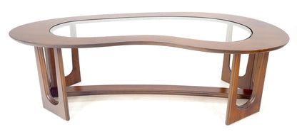 EstablishedLines Oiled Walnut Boomerang Kidney Shape Glass Top Stretcher Base Coffee Table Mint!